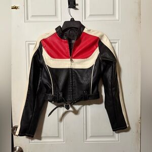 Urban Outfitters Black, Red, and Cream Leather Jacket